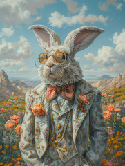 strange wondrous hare or rabbit. Surreal rabbit. A cute gentleman rabbit in glasses in the middle of a field with flowers. Bunny for Easter designs and decorations. Easter bunny. Easter symbol