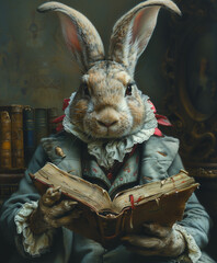 strange wondrous hare or rabbit.  male hare or rabbit or bunny in a festive costume reads a book . holding a book