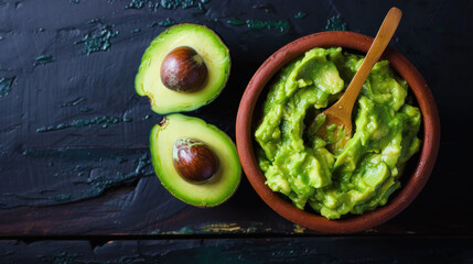 Fresh avocado in a clay plate on a dark wooden backdrop creates a beautiful contrast. Avocado is scraped with a spoon. Eating healthy can look appealing.