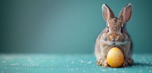 Cute bunny with Easter eggs on a turquoise background. Bunny for Easter designs and decorations. Fluffy baby rabbit. Easter Bunny. Symbol of Easter day. Copy space