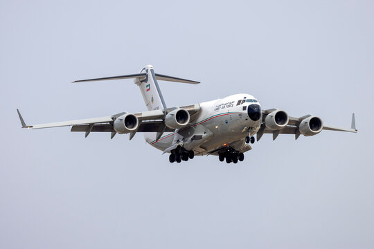 Luqa, Malta - May 1, 2024: Kuwait Air Force Boeing C-17A Globemaster III (REG: KAF342) delivering a replacement engine for a KAF Hercules stranded in Malta.