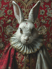 strange wondrous hare or rabbit. male hare or rabbit or bunny in a festive red costume 