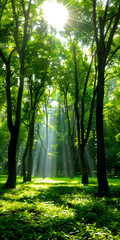 Floresta exuberante com raios de sol atravessando o dossel