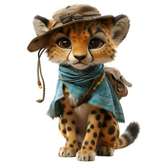 A 3D animated cartoon render of a protective cheetah defending a group of explorers.