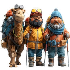 An entertaining 3D cartoon render of a group of surprised hikers following a camel.