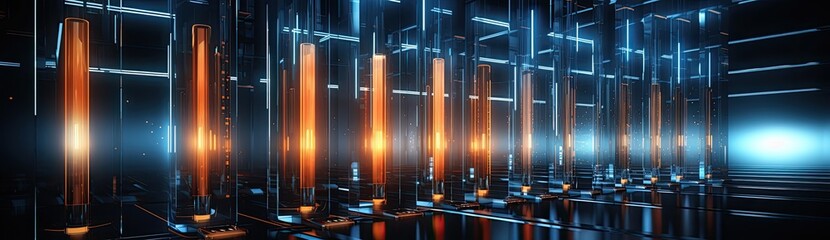 Futuristic Server Room Bathed in the Glow of Orange and Blue Hues