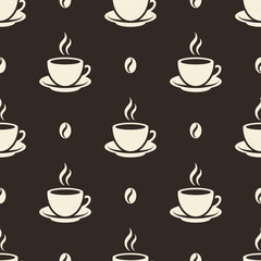 White coffee cups and beens on brown background. Vector seamless pattern.