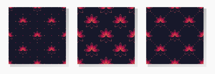 Set of pink gradient flowers on black dotted background. Vector seamless patterns collection.