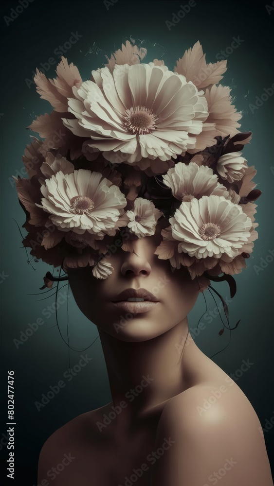 Wall mural mesmerizing surreal art poster with the concept of abstract flowers merging seamlessly with a woman'