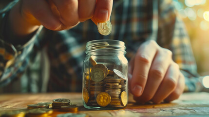 Saving Bitcoin in a Clear Glass Jar. Close-up image of a hand depositing a Bitcoin coin into a jar filled with various coins, symbolizing cryptocurrency saving. - Powered by Adobe