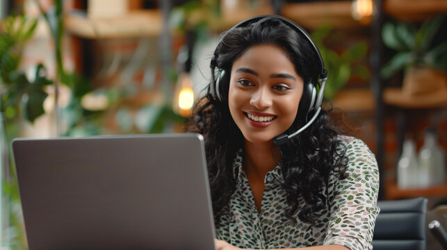 Friendly Customer Service Representative Online. A cheerful customer service representative with headphones, smiling while assisting clients through a video call in a vibrant office.