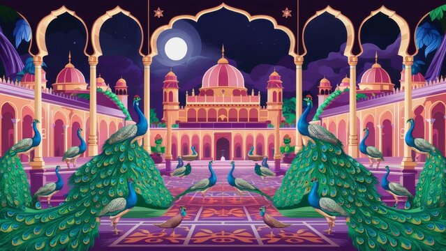 Majestic Mughal palace garden at night with ornate arches and graceful peacocks, rendered in vector art.