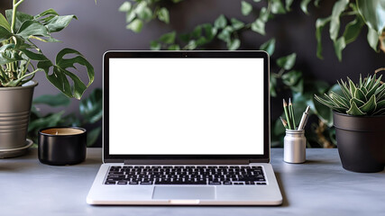 Fototapeta premium Laptop with blank white screen on desk surrounded by green houseplants and office supplies. Setup is ideal for modern home office environment