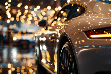 Luxury Car Display in a Showroom with Ambient Lighting. Elegant luxury car showcased in a showroom, highlighted by ambient, warm lighting that creates a glamorous and reflective atmosphere.
