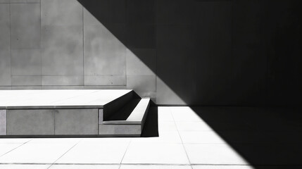 Sharp shadows and light play across minimalist architectural space featuring concrete walls and simple steps. This image captures essence of modern design and tranquility