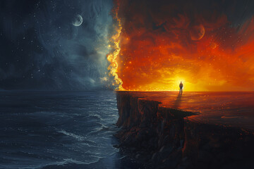 Fototapeta premium Dramatic fantasy artwork depicting a figure facing a fiery apocalyptic scenario with contrasting dark and intense fiery landscapes.