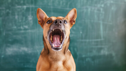 Dog with open mouth and bared teeth in front of chalkboard displaying vocal and expressive behavior. This image captures dynamic and humorous contrast between education and animal instinct