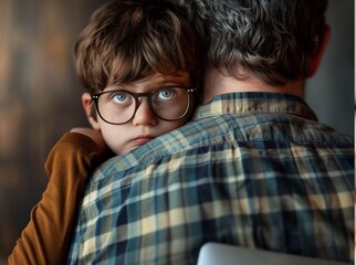 Stunning high resolution photo of a smart six year old boy with glasses holding a laptop and looking at his upset, displeased father. Photos capture the essence of the moment. Family