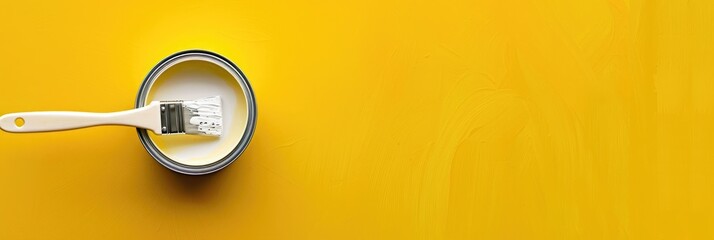 We Are The Best Painting Concept. Top View of Open Paint Can with White Brush on Yellow Background