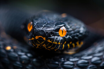 Fototapeta premium Close-up of Black Snake with Orange Eyes. Detailed close-up of a menacing black snake, showcasing its intense orange eyes and textured scales.