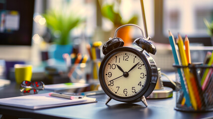 Alarm Clock on Work Desk with Sunset Glow. An analog alarm clock sits on a wooden desk, illuminated by the warm glow of a sunset, accompanying a productive evening work session. - Powered by Adobe