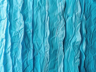 Turquoise Crepe Paper Texture. Bright Blue Vertical Lines Crumpled Abstract Background
