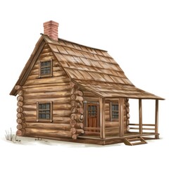 White Log Cabin Home Illustration - Realistic Building with Isolated Architecture and Contrasting