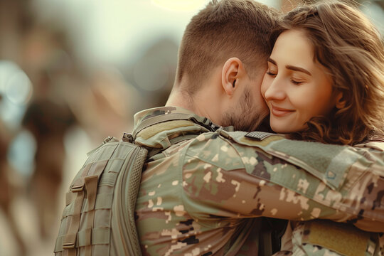 Tender Reunion of Soldier and Spouse. Heartwarming embrace between a soldier in uniform and his spouse, conveying deep affection and joy.