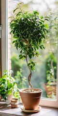 Weeping Fig Houseplant in Trendy Brown Pot. Growing Ficus Benjamin Tree as Modern Indoor Decoration