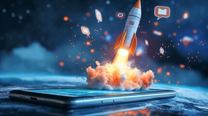 A rocket emerges from a cell phone screen, soaring into the sky
