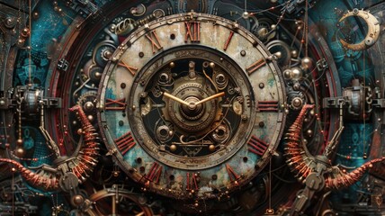 intricately designed steampunk clock, adorned with copper gears and Roman numerals, exudes a vintage charm that blends retro-futuristic