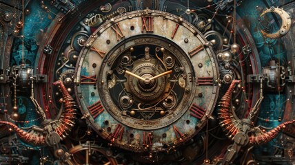 Fototapeta premium intricately designed steampunk clock, adorned with copper gears and Roman numerals, exudes a vintage charm that blends retro-futuristic