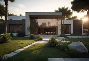Exterior design of house, home and villa with garden and blue sky. New modern house exterior with contemporary features and trees around the building