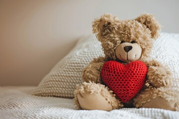 Vintage Brown Teddy Bear Holding Heart on February 14th. Fluffy Nubes and Sitting Bear Isolated