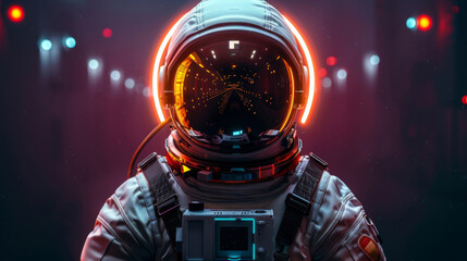 Space, travel and astronaut with dark helmet, future discovery and sci fi universe technology. Planet, aerospace mission and person in suit for adventure, research or science innovation with courage.