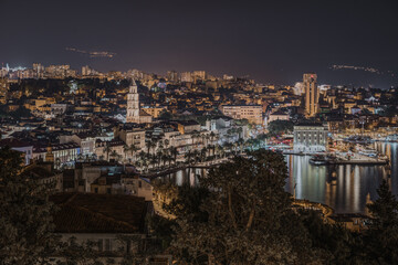 Fototapeta na wymiar Vibrant Night Cityscape of Split seeing from Marjan hill viewpoint, Croatia.