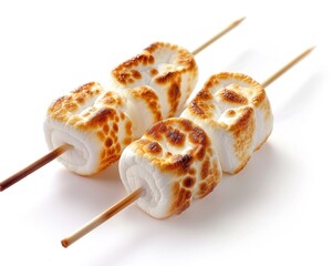 Toasted Marshmallow on Skewer Isolated on White Background. Delicious Soft Snack for Candy and Food