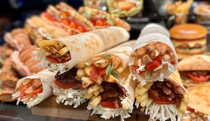 A variety of wraps and sandwiches made with fresh ingredients such as produce and vegetables and...