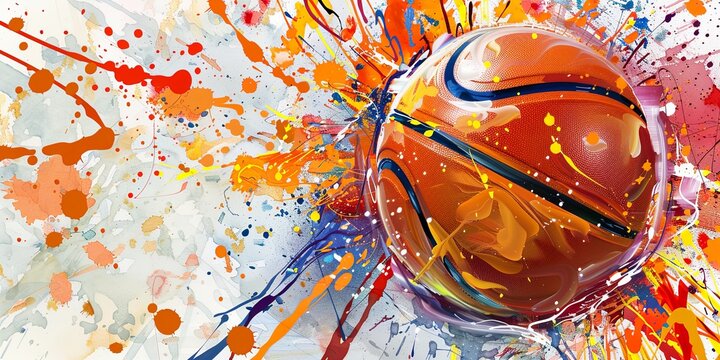 Illustration of dynamic basketball abstract art with paint splatters, dynamic, colorful, explosion, vibrant, sports background. Slam Dunk in Action.