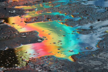 Fototapeta premium Rainbow Oil Slick Spill on Asphalt Surface. Pollution and Environment Concept in Colorful Design