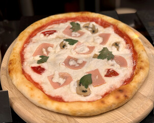 Top view of delicious sliced pizza with cheese and mushrooms on wooden dish on the table at the restaurant. Close-up