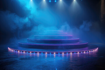 A blue and purple lit stage with fog on the ground, lights illuminating the steps leading up to it.  Created with Ai 