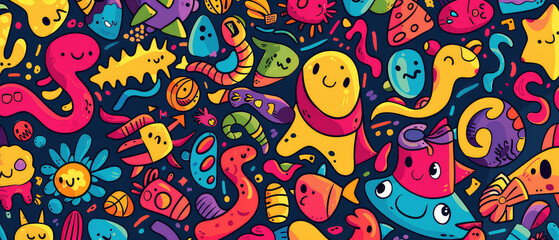 Colorful cute doodle monster pattern