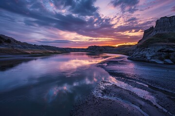 Sunset over River and Wind Canyon in National Park. Scenic Landscape