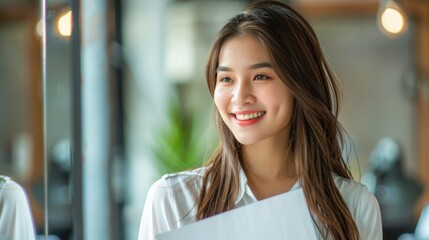 Powering up for Success: Young Woman Practicing Pep Talk in Front of Mirror for Presentation