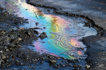 Fototapeta premium Rainbow Oil Slick Spill on Water: Environmental Pollution Background