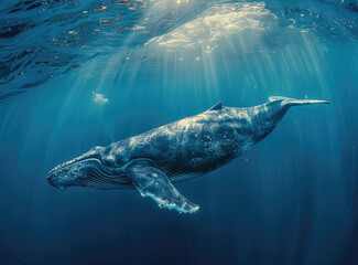 A humpback whale swimming in the deep blue ocean, sun rays shining through the water surface. Created with Ai