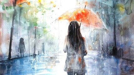 cute girl,full body,she is We're getting rained on. looking at us. I don't have an umbrella. watercolor paintingI feel at home