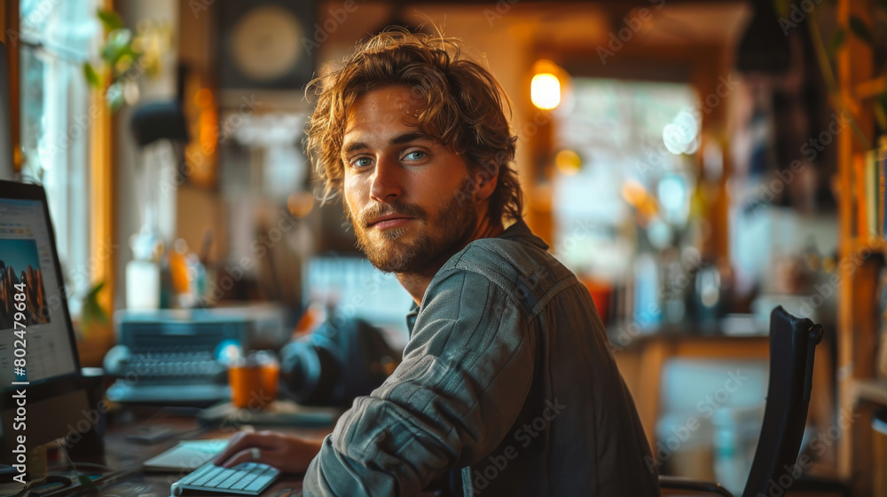 Aufkleber portrait of a young man with a laptop working in a small office. a smiling man works on a computer a