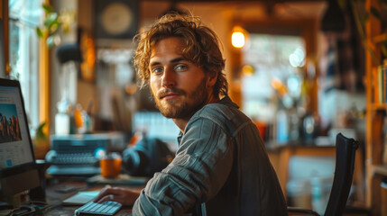 Fototapeta premium Portrait of a young man with a laptop working in a small office. A smiling man works on a computer at a table.